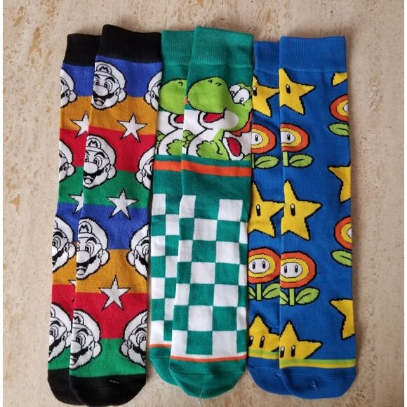 Nintendo Other - Super Mario Nintendo Yoshi Star Fire Flower Crew Socks One Size Lot of 3